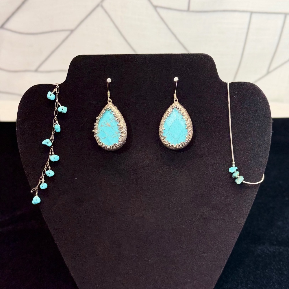 Unbranded Turquoise Jewelry Set Blue Silver color Teardrop Earrings Bracelet 3pc